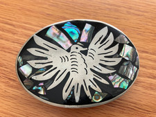 Vintage Mexico Abalone Shell Inlay Silver Alpaca Oval Belt Buckle Eagle Design