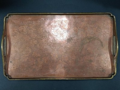 中国　置物　漁 清代錾刻海水龙纹红铜文盘 Antique Chinese Qing Copper Carved Sea
