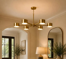 Handmade Brass Chandelier, 6 Light Mid Century Modern Ceiling Fixture