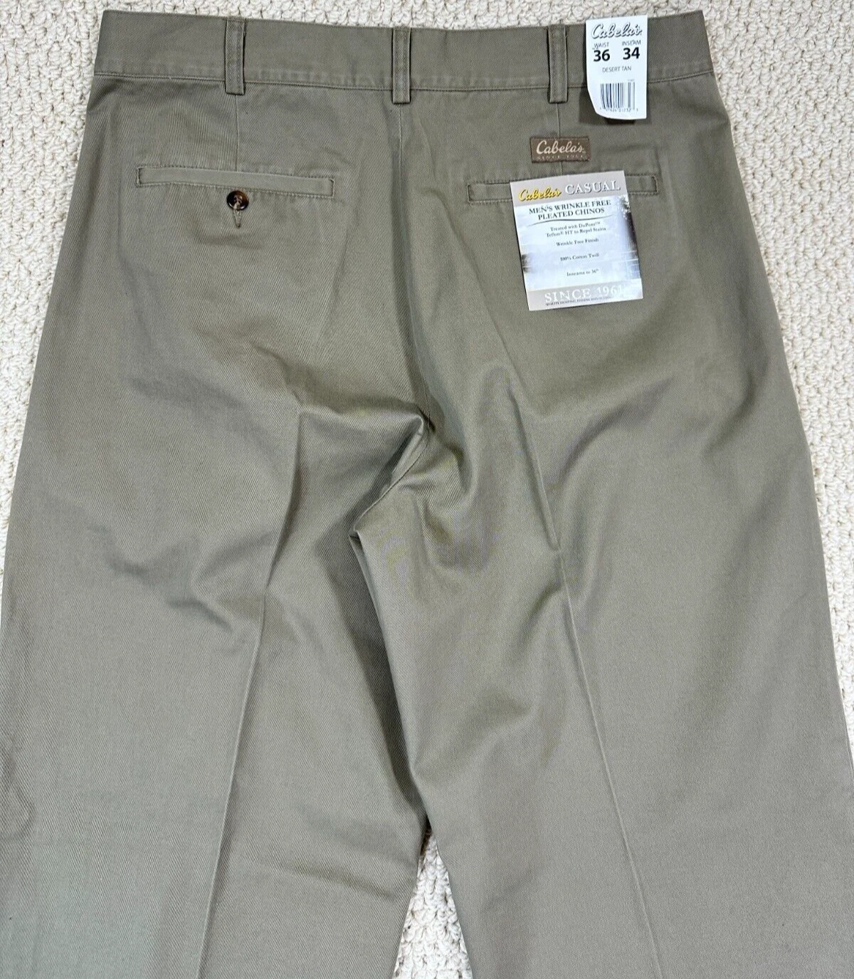 NEW Cabelas Casuals Twill Pants Size 36x34 Mens Tan Duel Pleat WF Twill Chinos