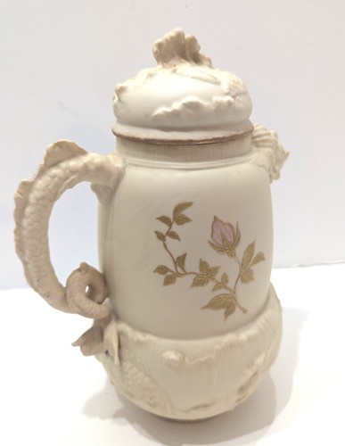 Antique Bisque Mocha Pot Dragon Handle Mermaid Spout Gold & Pink Flowers - Picture 15 of 19