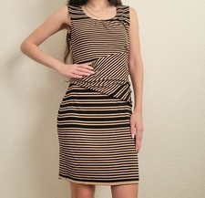 Tan Black Striped Shift Dress Small Minimalist Preppy Work Office Sanctuary