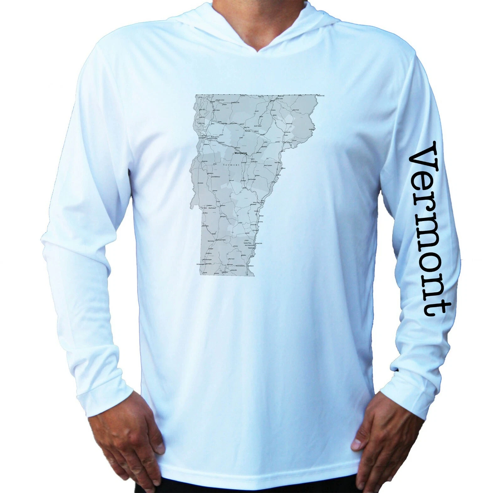 Vermont State Map Sun UV Protected UPF 50 Long Sleeve T-Shirt Hood Fishing Boat