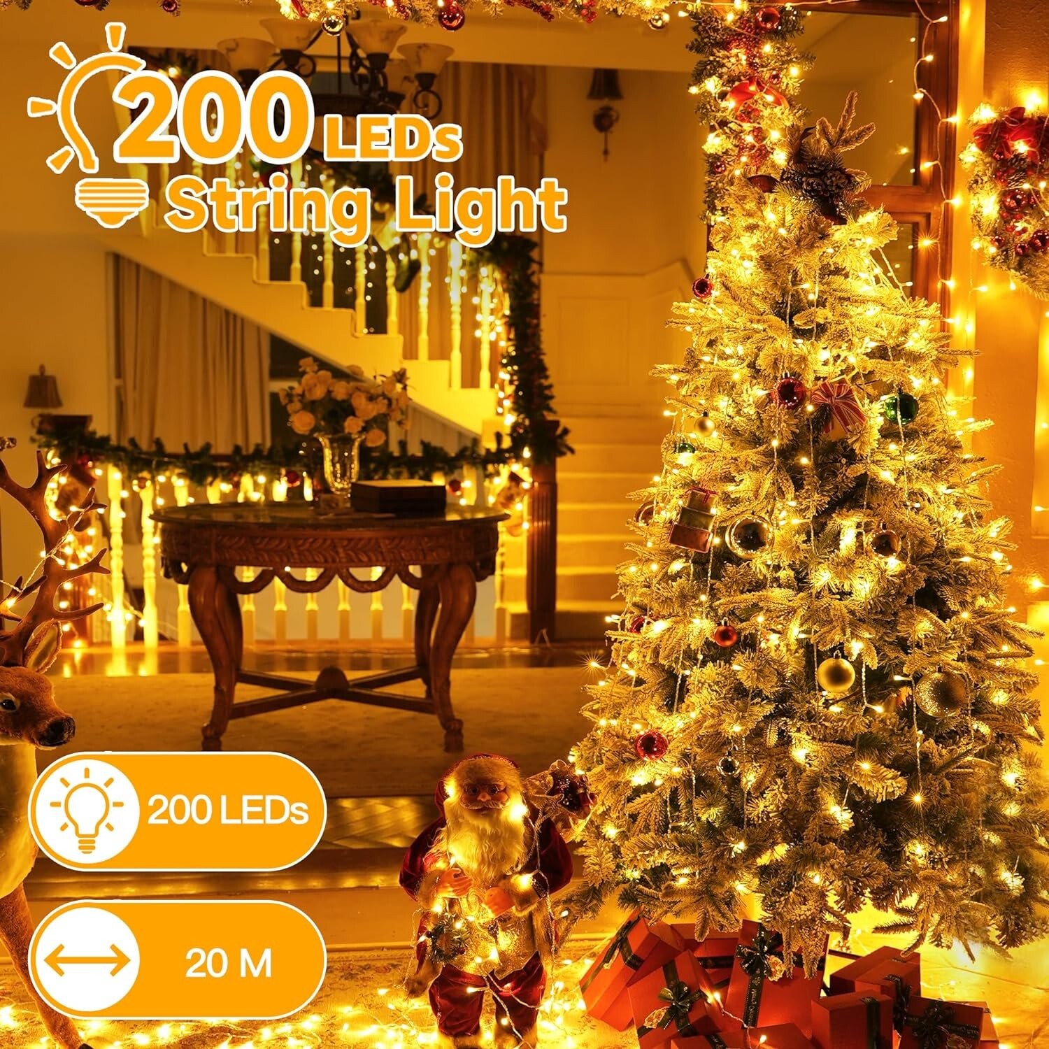 Ollny Christmas Tree Lights 20m 200 LED Warm White Plug In Fairy Lights