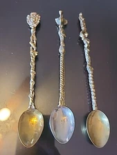 3 Antique Vintage 7 1/8 in Demitasse Silver Plated Figural Spoons. Italy 