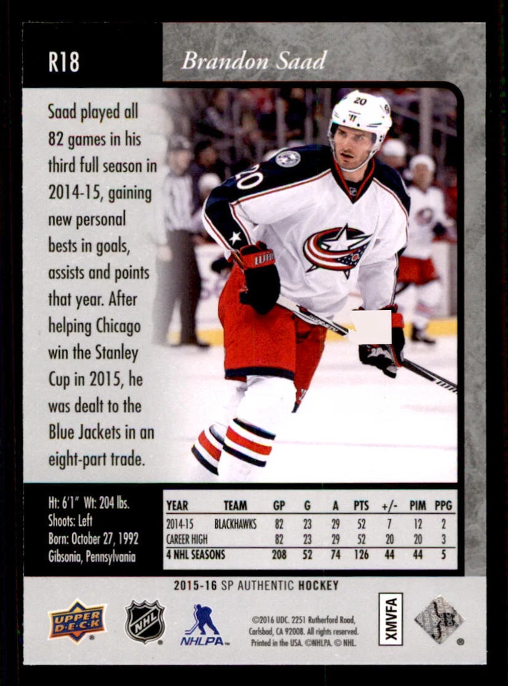 2015-16 SP Authentic '95-96 SP Retro #R18 Brandon Saad - Image 2 of 2
