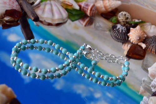 4mm Turquoise Bead and 3mm Sterling Silver Bead Ankle Bracelet 9 to 11 Inches - Picture 11 of 12