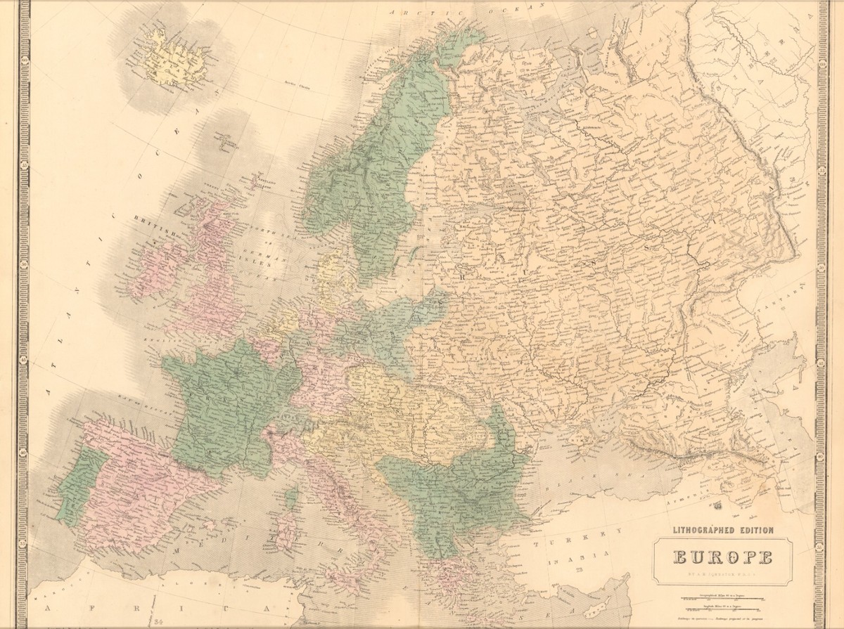 1845 Europe map by A.K. Johnston ~ 25.8