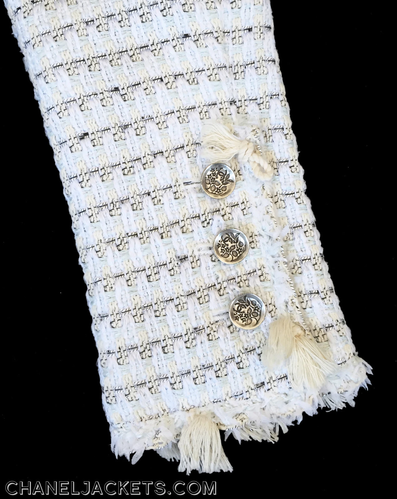 $5.850 GIACCA CHANEL bianca blu ciuffo frange tweed * FR 42 44 US 6 8 ~ USATA IN OTTIME CONDIZIONI