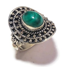 Malachite Oval Natural Gemstone Handmade Oxidized Rope Bezel Engraved RingUS-7.5