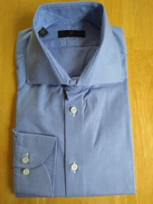 NWOT Ike Behar Blue Fine Check Spread Collar 16-35 Slim Fit MSRP $225