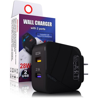 e-ART 28W USB Wall Charger, 3.0Amp, Dual Port USB Charger Block (Black)