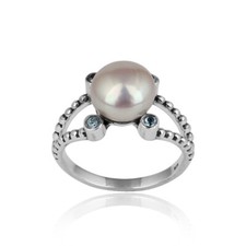 Natural Pearl And Blue Topaz Gemstone 925 Silver Double Shank Designer Ring