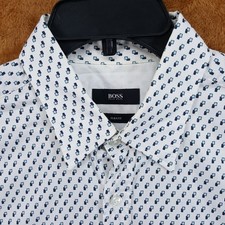 HUGO BOSS Dress Shirt Mens Large White Geo Print Slim Fit 100 Cotton