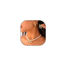 Trendy Pearl Bow Jewelry Set for Women Dainty Pearl Bowknot Choker Necklace D...
