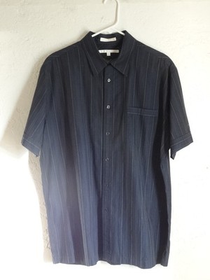 Perry Ellis Dark Blue With Vertical Stripes Men's XL Short Sleeve Dress Shirt