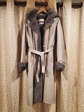 Vintage London Fog Beige Fur Lined Hooded Women's Trench Coat Size 14