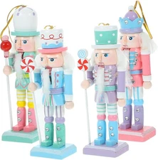 Toyvian Christmas Candy Nutcracker Ornaments, 4pcs Pink Candy Cane Wooden Pastel