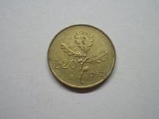 Moneta Italiana 20 Lire Ramo di Quercia 1957 Variante Gambo cifra 7 largo       