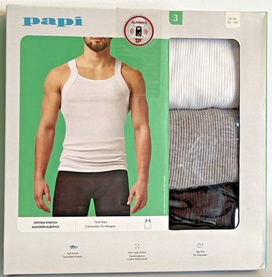 Papi Men's Ribbed Tank Tops SZ Medium 3-Pk Square Neck Soft Stretch Cotton