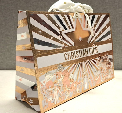 CHRISTIAN DIOR kleine Geschenktüte gold & weiß mit Band 24 x 17 x 8,5 cm