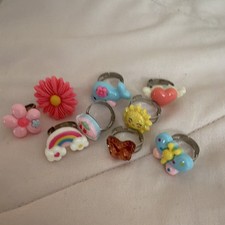 Girls Plastic Band Rings Size 2 Multicolor Mixed Shapes Flowers Theme No Stone