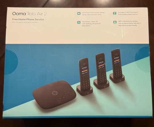 Ooma Telo Air 2 Wireless Wi-Fi Home Phone Service with 3 HD3 Cordless Handsets