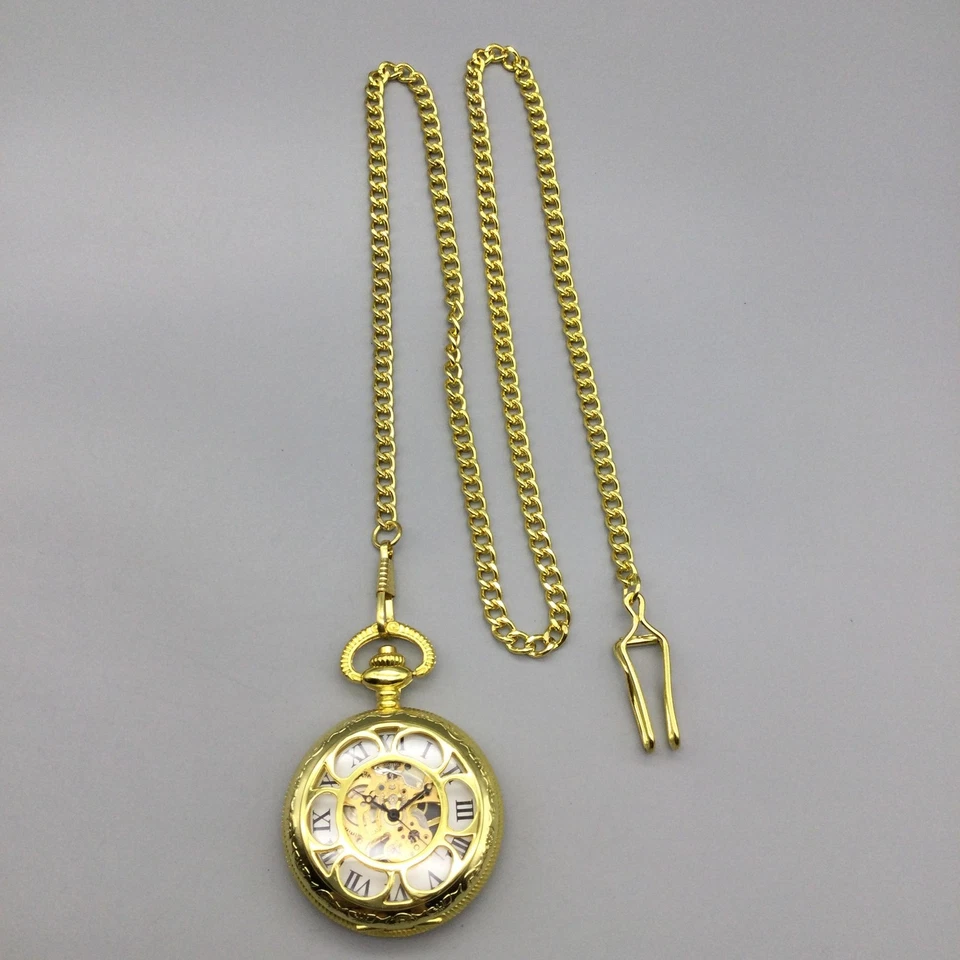 Mechanical Skeleton Pocket Watch Men 47mm Half Hunter Chain Manual Wind - Image 2 of 4