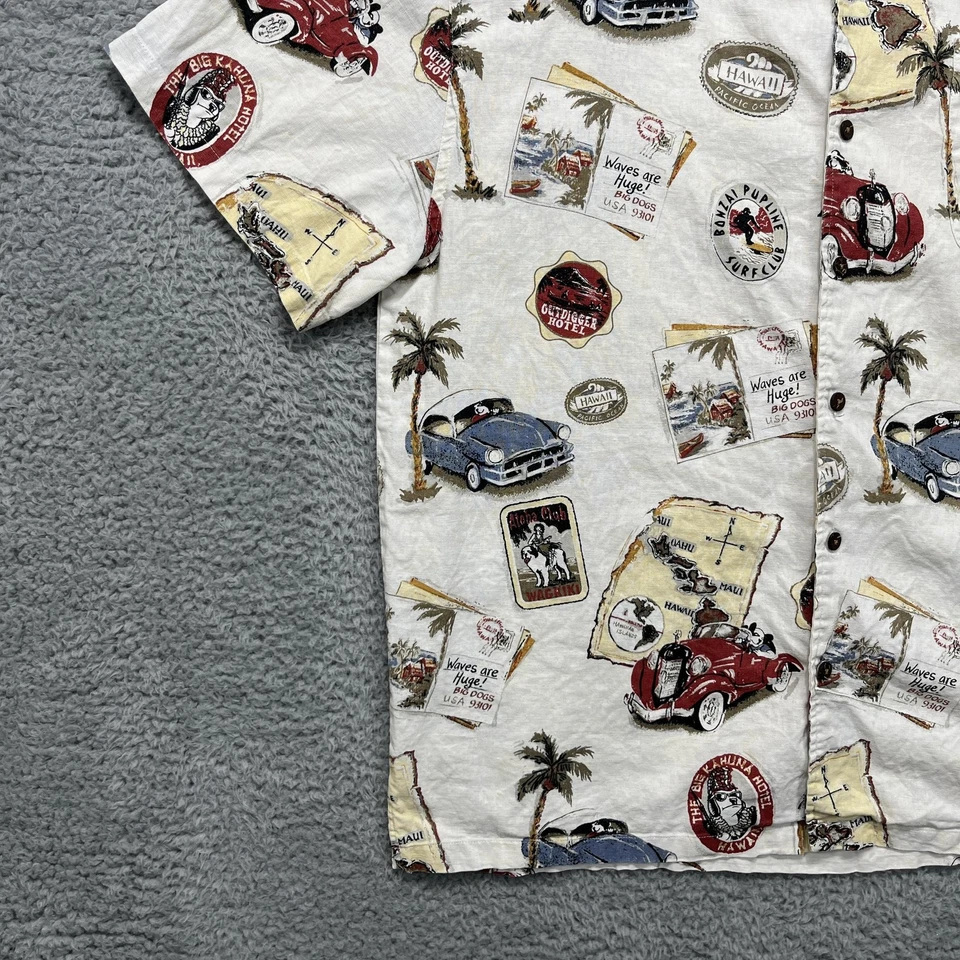 Big Dogs Hawaiian Shirt Mens Large Cream Aloha Old Cars Palm Print Linen Cotton - Image 4 of 4