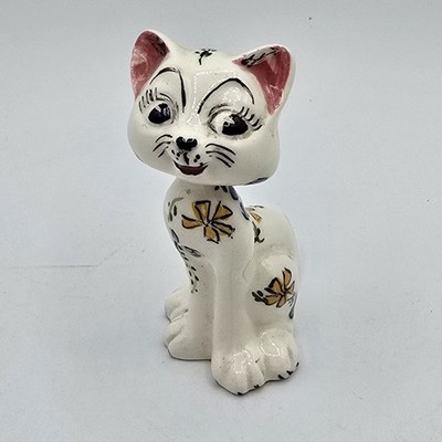 Cat Figurine Ring Holder On Neck Vtg Ceramic Hand Painted 