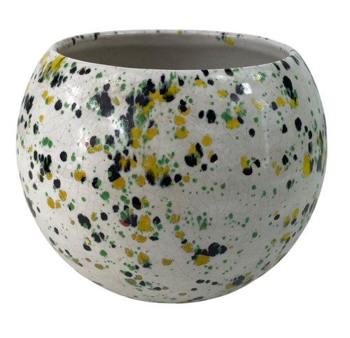 Vintage Arnels Speckled Ceramic Planter Pot Black Yellow Green Splatter Glaze - Picture 5 of 13