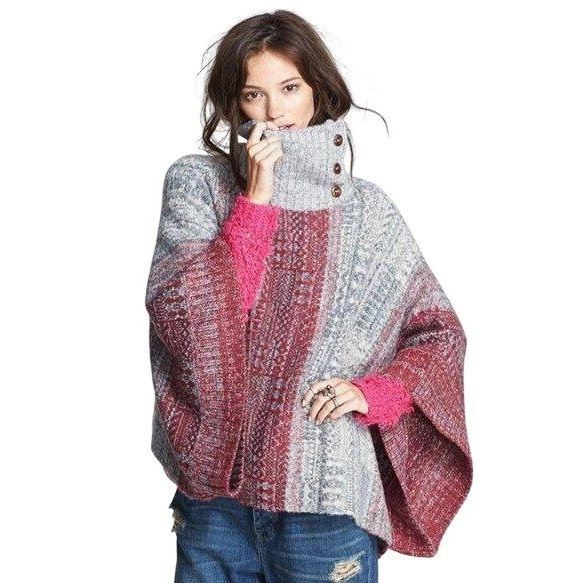 Free People Willow Poncho Womens S Red Gray Knit Turtleneck Oversized Cozy Boho