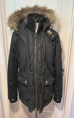 WOMENS SUPERDRY LIMITED BLACK PARKA ORIGINAL JACKET SHERPA LINED HOOD SZ MEDIUM