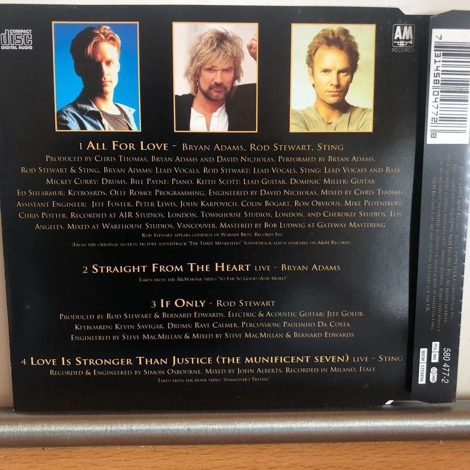 Bryan Adams Rod Stewart Sting - All for love  - 4 Track Maxi Single CD 1993 - Bild 2 von 3