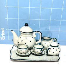 11 Pc Porcelain Miniature Doll Play Tea Set White  Blue Polka Dots
