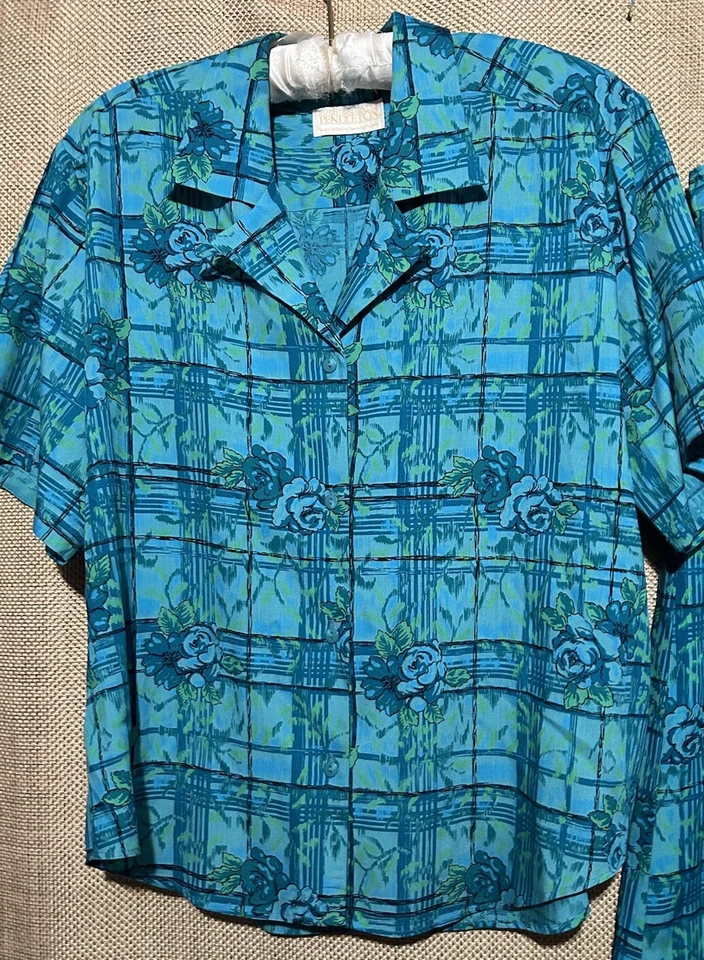 Vintage Pendleton Floral Top & Skirt 2pc Set Teal Camp Shirt + Midi Size 18 - Image 2 of 4