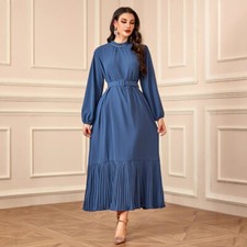 Elegant Women Beaded Pleated Maxi Dress Dubai Arab Belted Waist Kaftan Robe Gown