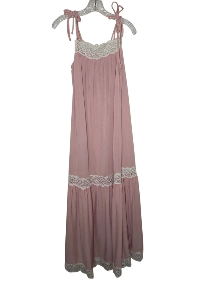 1970s Vintage Pink Lace Trim Sleeveless Maxi Dress Large Prairie Cottage Boho - Image 2 of 4