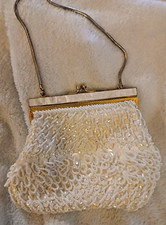 Vintage Handmade White Sequined Beaded Bag Small Coin Purse Mother of Pearl
