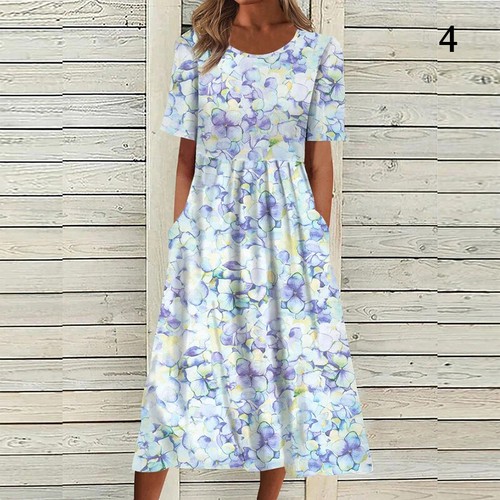 Women Floral Short Sleeve Long Maxi Dress Holiday Summer Beach Pockets Sundress` - Picture 12 of 18