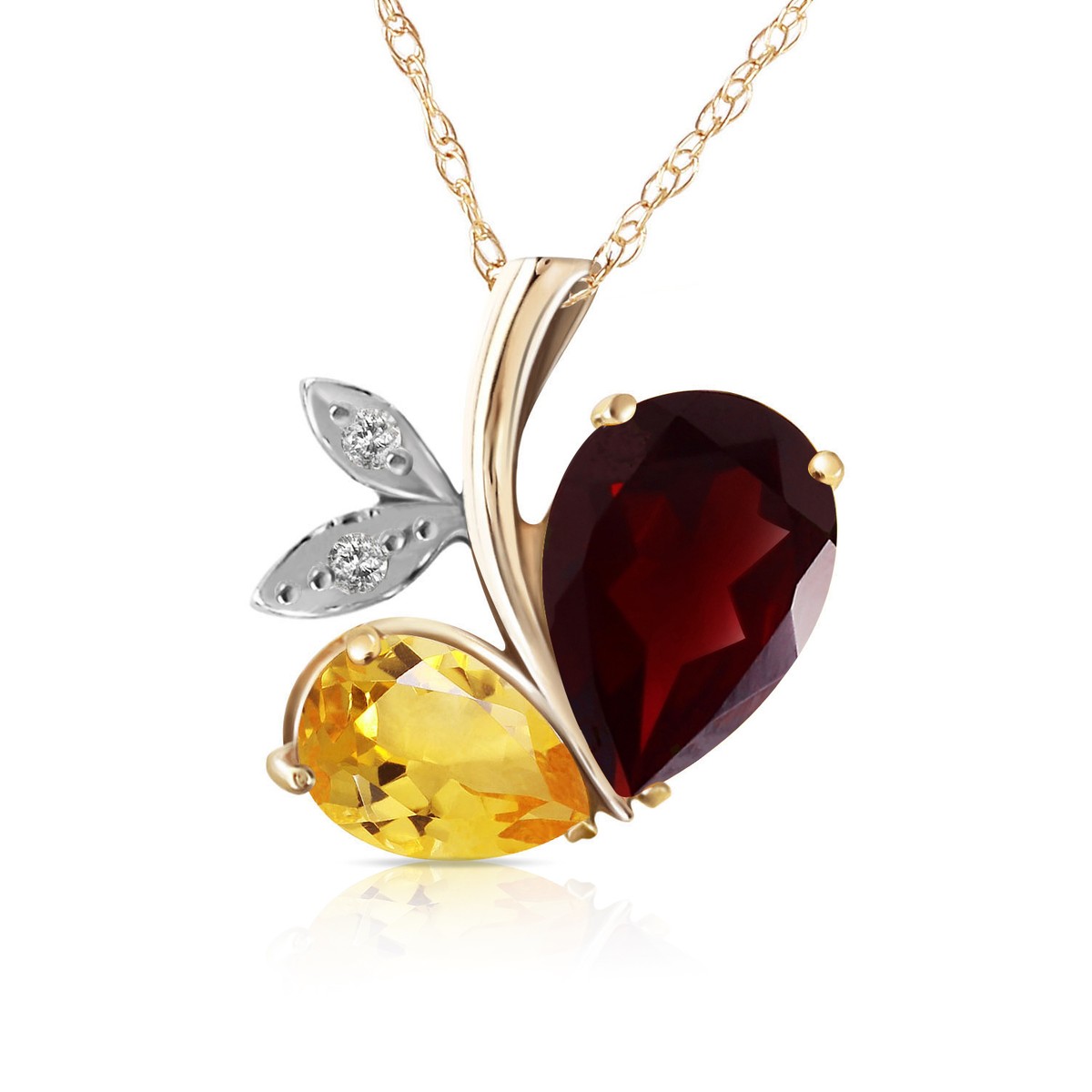 Genuine Garnet Citrine Diamond Gemstone 14K Solid Gold Necklace