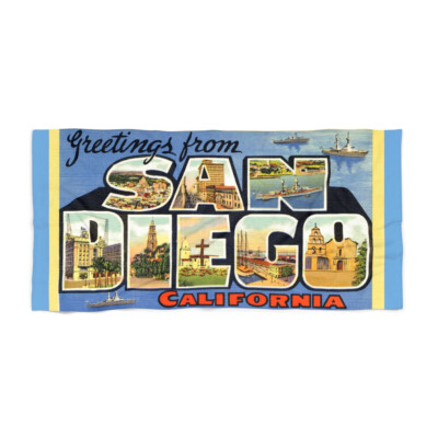 San Diego CA Bath Beach Pool Towel ~ Historic Greetings From Retro Vintage Color