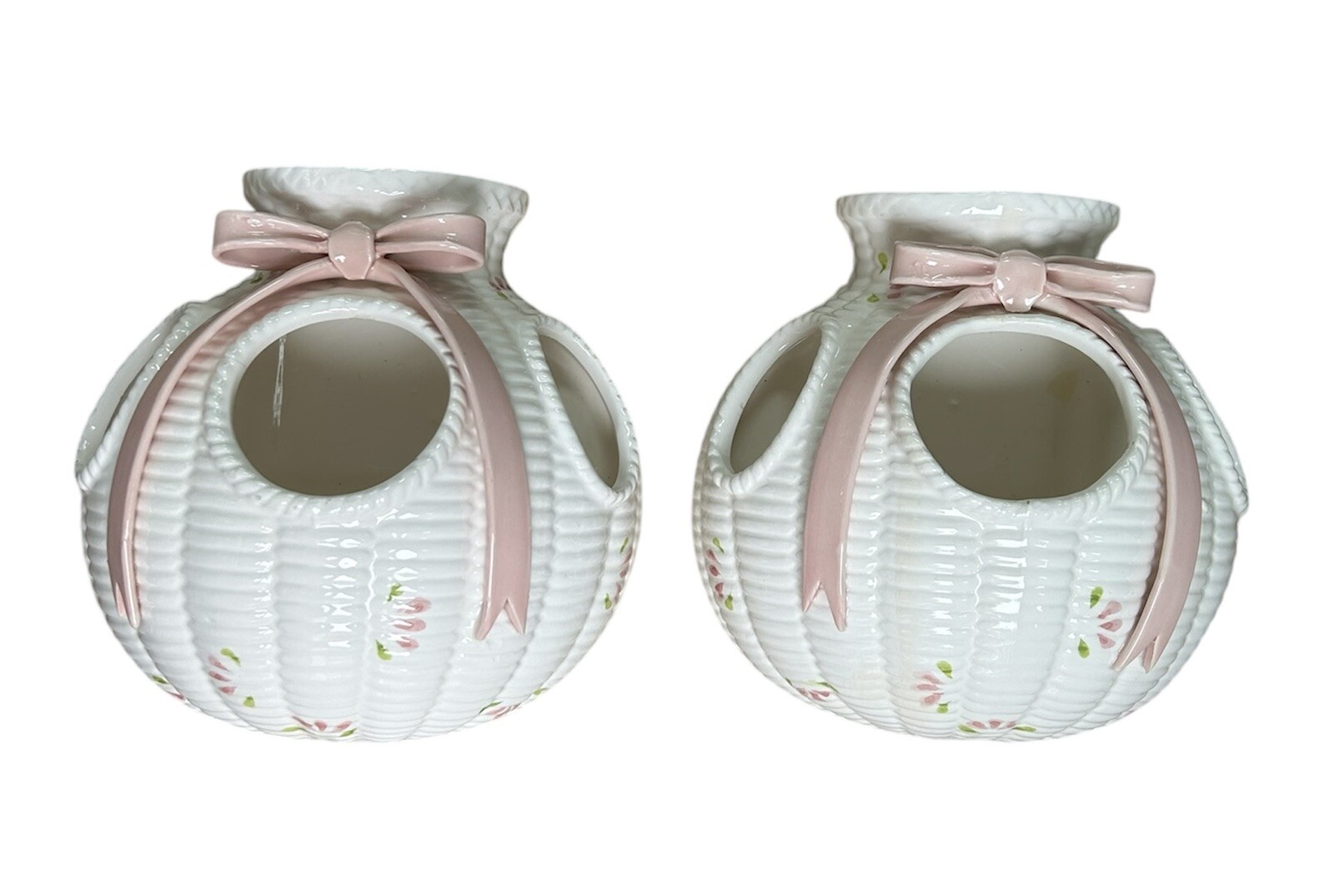 Wall Pocket Vase Floral Ceramic Hanging Basket White Pink Ribbon Set of 2 VTG