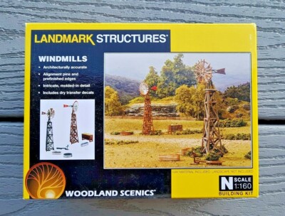 WOODLAND SCENICS 1/160 N SCALE 2 WINDMILLS W/ TROUGHS PRE FAB MODEL KIT 5213 F/S