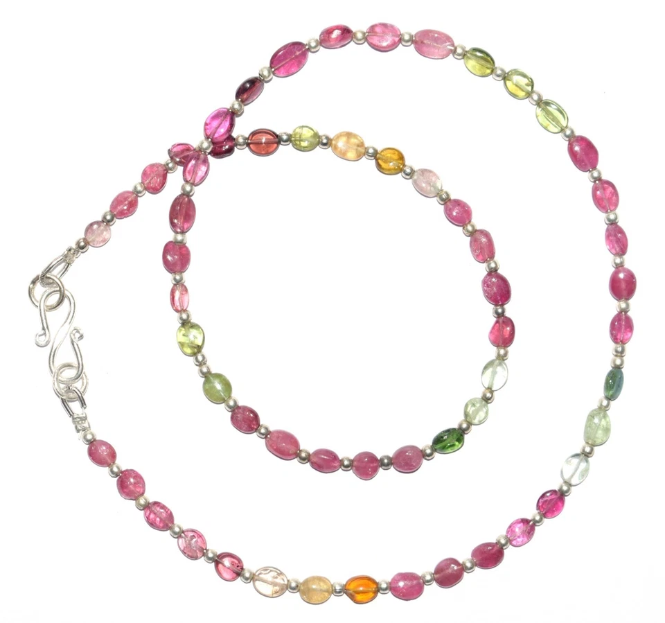 925 Argento Fine Multi Tormalina Gemma 2-5mm Perline Ovali 18 " Collana H - Immagine 3 di 4