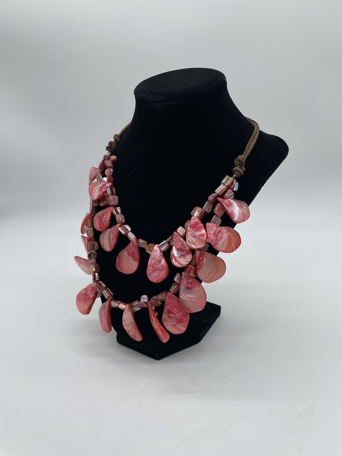 Red Pink Shell Necklace Double String Leather Cord - image 3