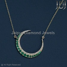 14K Yellow Gold Natural Emerald Diamond Cresent Half Moon Charm Pendant Necklace