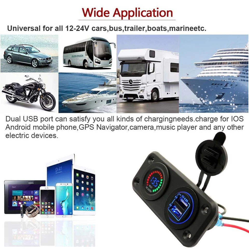 Dual USB Charger Power Socket Adapter Led Display Voltmeter 12-24V for Car Boat - Image 2 of 4