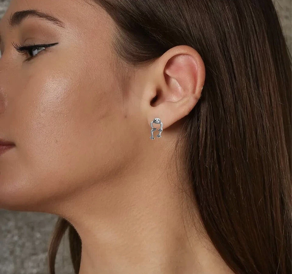 Pendientes de Rana Lindos Animales Plata Pasador Orejeras Clip Mujeres Joyería Niñas Regalos Foto 4 de 4