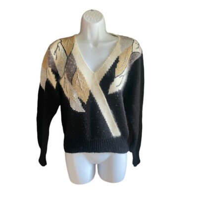 Jaclyn Smith Petite Embellished Sweater V-Neck Leaf Design Black Size S